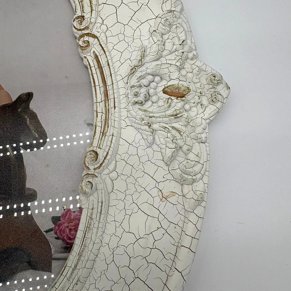 Vintage Shabby Chic Ornate Oval Picture Frame Distressed Crackle Baroque White